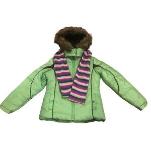 London Fog Coat Green Girls Puffer Winter w/ Scarf Lg 14-16 Removable Hood New